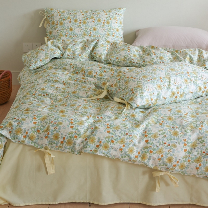 91家纺网 家纺一手货源 找家纺 棉眠 2026新款全棉纯棉蝴蝶结系带款四件套 花间牧歌（蝴蝶结系带款）