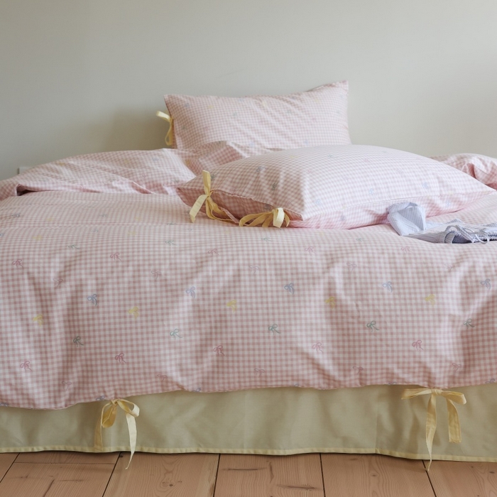 91家纺网 家纺一手货源 找家纺 棉眠 2026新款全棉纯棉蝴蝶结系带款四件套 海盐点点（蝴蝶结系带款）