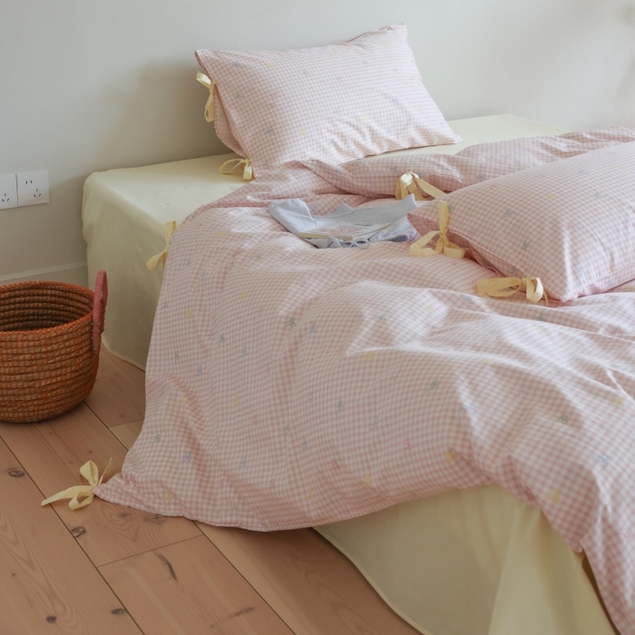 91家纺网 家纺一手货源 找家纺 棉眠 2026新款全棉纯棉蝴蝶结系带款四件套 海盐点点（蝴蝶结系带款）