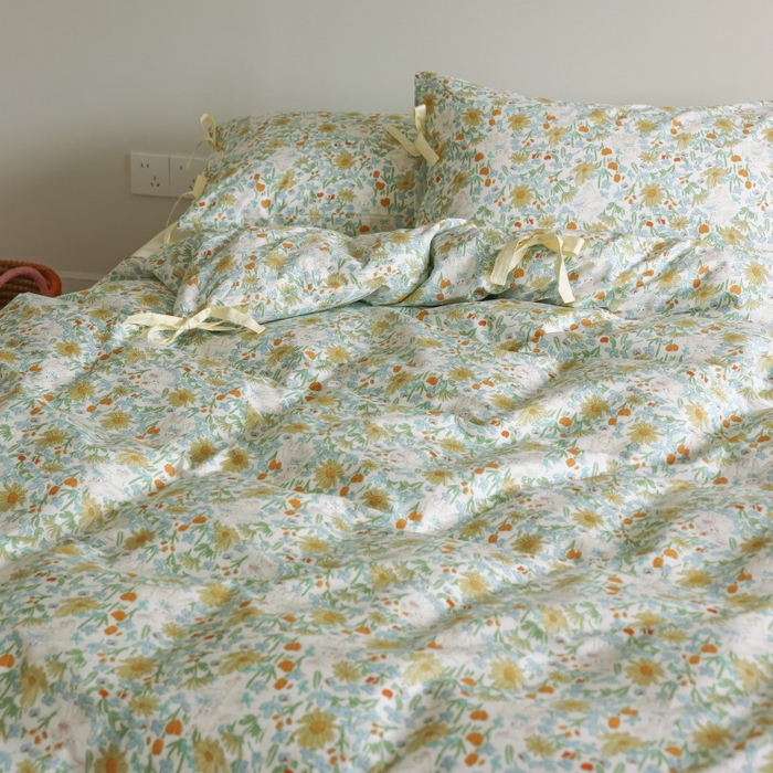 91家纺网 家纺一手货源 找家纺 棉眠 2026新款全棉纯棉蝴蝶结系带款四件套 花间牧歌（蝴蝶结系带款）