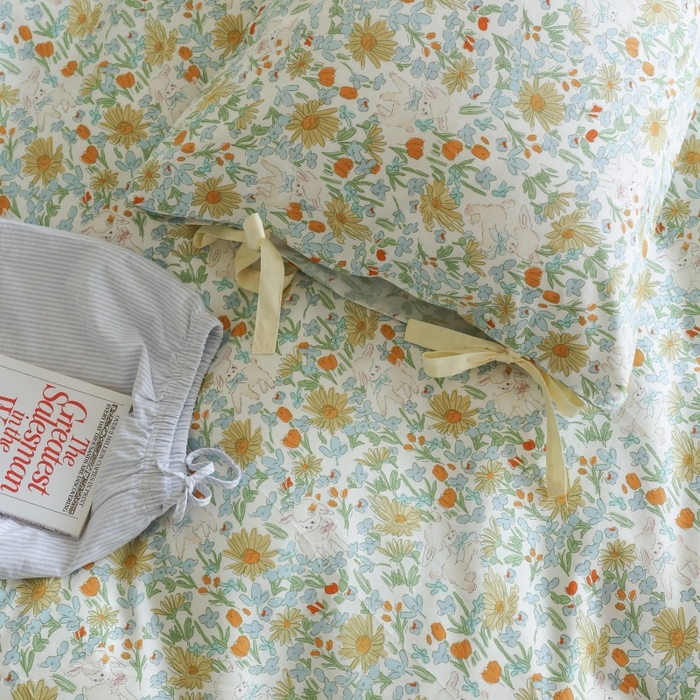 91家纺网 家纺一手货源 找家纺 棉眠 2026新款全棉纯棉蝴蝶结系带款四件套 花间牧歌（蝴蝶结系带款）