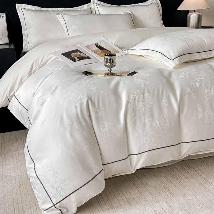 91家纺网 家纺一手货源 找家纺 （总）韩秀家纺 2026新款A类亮丝提花立体浮雕贡缎臻棉床裙四件套