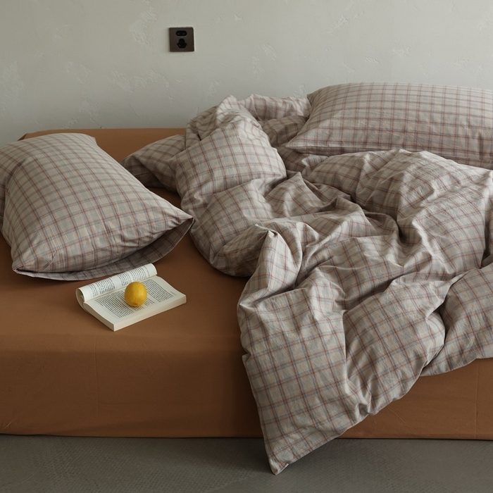 91家纺网 家纺一手货源 找家纺 棉眠 2026新款全棉纯棉水洗棉色织格子四件套-奥斯汀系列 奥斯汀-焦糖咖