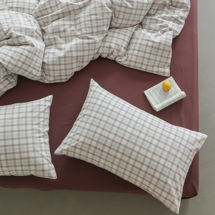 91家纺网 家纺一手货源 找家纺 棉眠 2026新款全棉纯棉水洗棉色织格子四件套-奥斯汀系列 奥斯汀-海盐豆沙