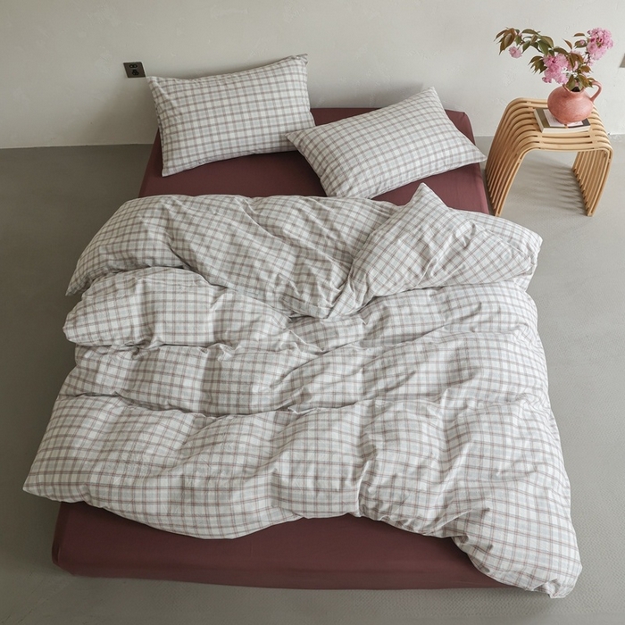 91家纺网 家纺一手货源 找家纺 棉眠 2026新款全棉纯棉水洗棉色织格子四件套-奥斯汀系列 奥斯汀-海盐豆沙