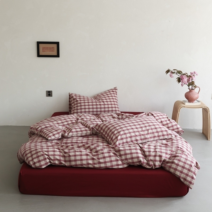 91家纺网 家纺一手货源 找家纺 棉眠 2026新款全棉纯棉水洗棉色织格子四件套-奥斯汀系列 奥斯汀-红格酒红