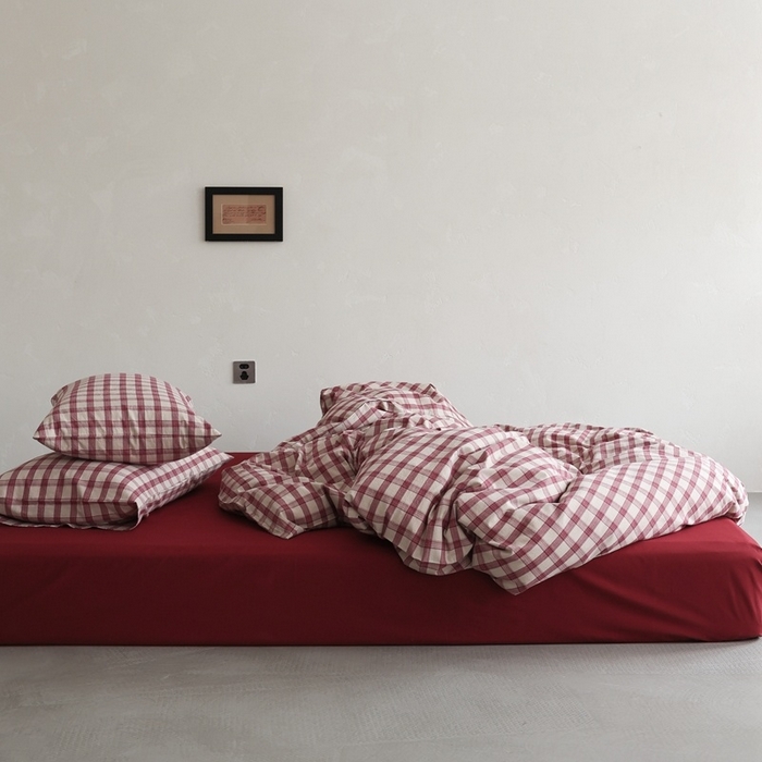 91家纺网 家纺一手货源 找家纺 棉眠 2026新款全棉纯棉水洗棉色织格子四件套-奥斯汀系列 奥斯汀-红格酒红