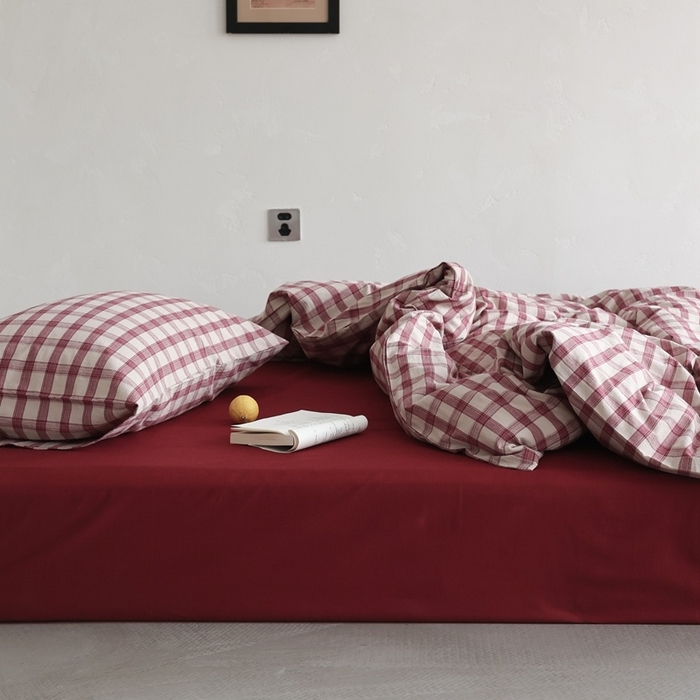 91家纺网 家纺一手货源 找家纺 棉眠 2026新款全棉纯棉水洗棉色织格子四件套-奥斯汀系列 奥斯汀-红格酒红