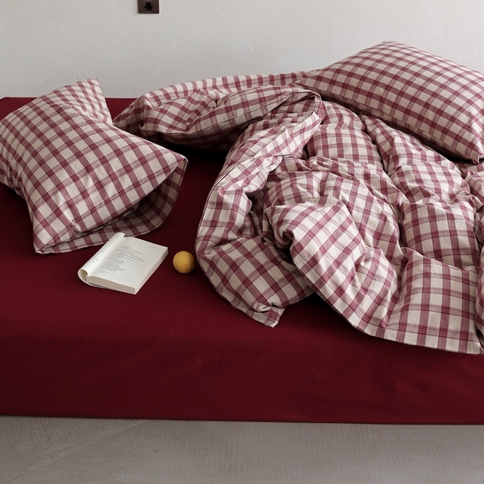 91家纺网 家纺一手货源 找家纺 棉眠 2026新款全棉纯棉水洗棉色织格子四件套-奥斯汀系列 奥斯汀-红格酒红