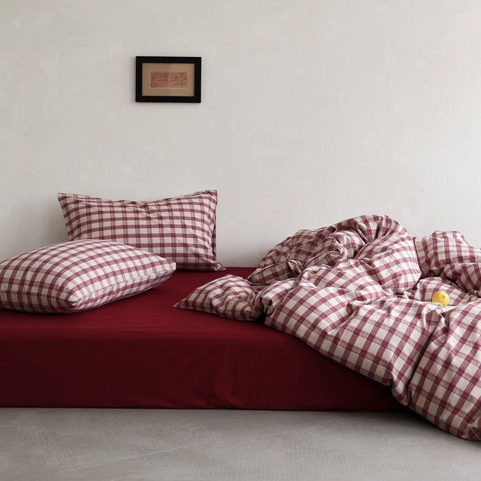 91家纺网 家纺一手货源 找家纺 棉眠 2026新款全棉纯棉水洗棉色织格子四件套-奥斯汀系列 奥斯汀-红格酒红