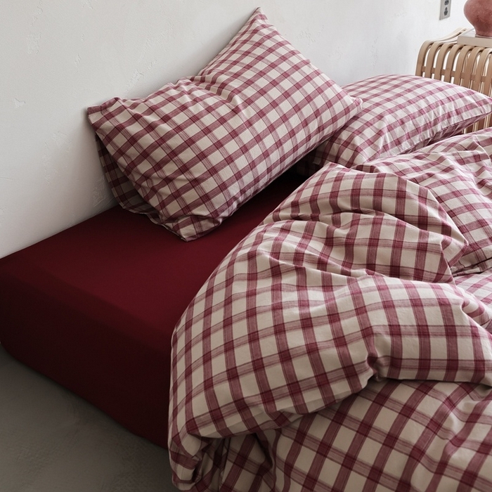 91家纺网 家纺一手货源 找家纺 棉眠 2026新款全棉纯棉水洗棉色织格子四件套-奥斯汀系列 奥斯汀-红格酒红