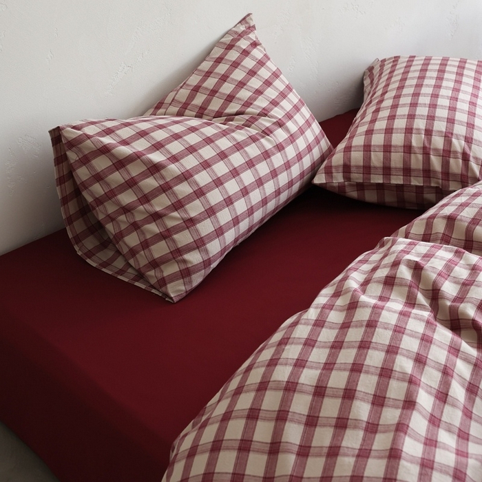 91家纺网 家纺一手货源 找家纺 棉眠 2026新款全棉纯棉水洗棉色织格子四件套-奥斯汀系列 奥斯汀-红格酒红
