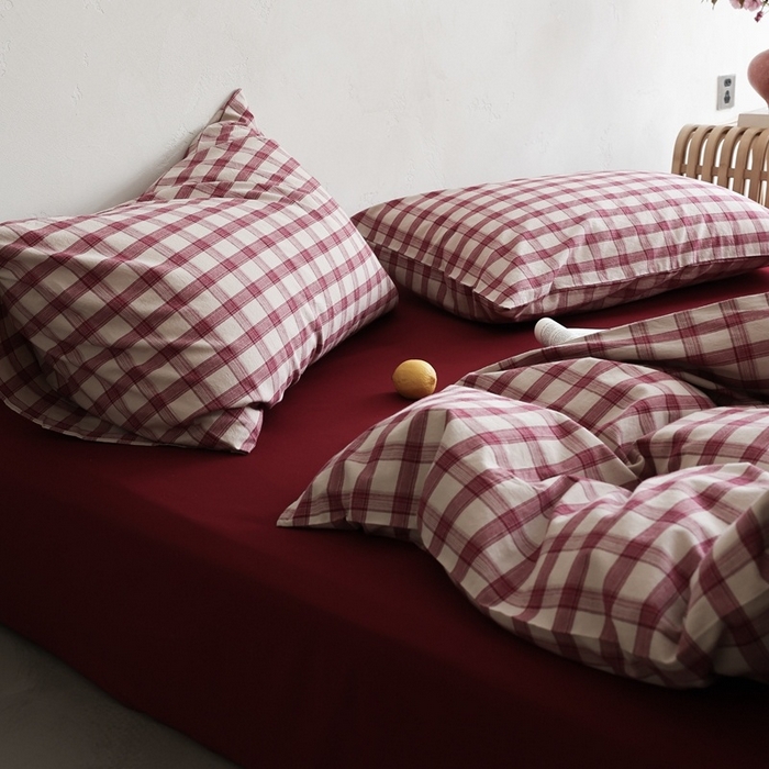 91家纺网 家纺一手货源 找家纺 棉眠 2026新款全棉纯棉水洗棉色织格子四件套-奥斯汀系列 奥斯汀-红格酒红