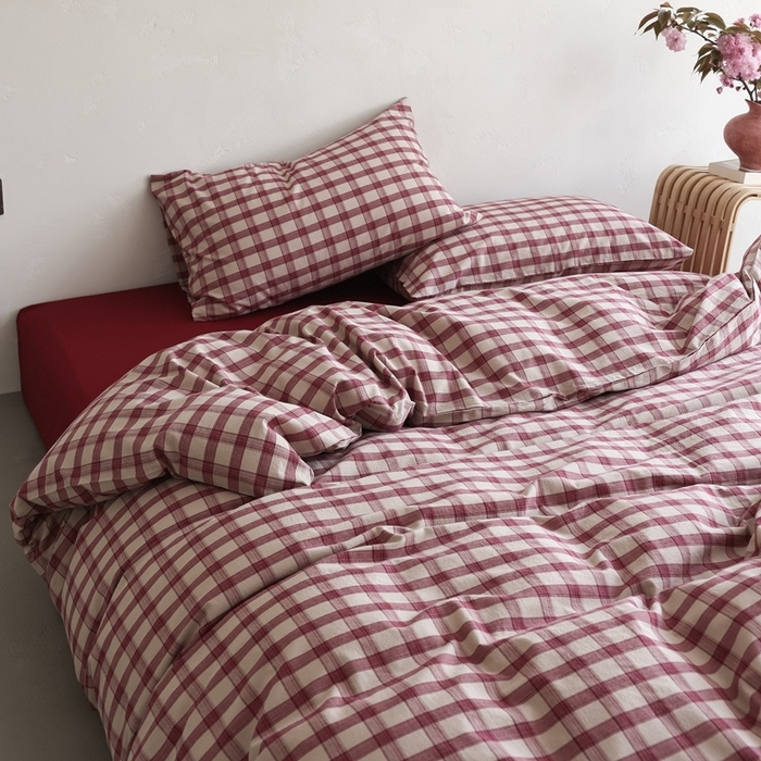 91家纺网 家纺一手货源 找家纺 棉眠 2026新款全棉纯棉水洗棉色织格子四件套-奥斯汀系列 奥斯汀-红格酒红