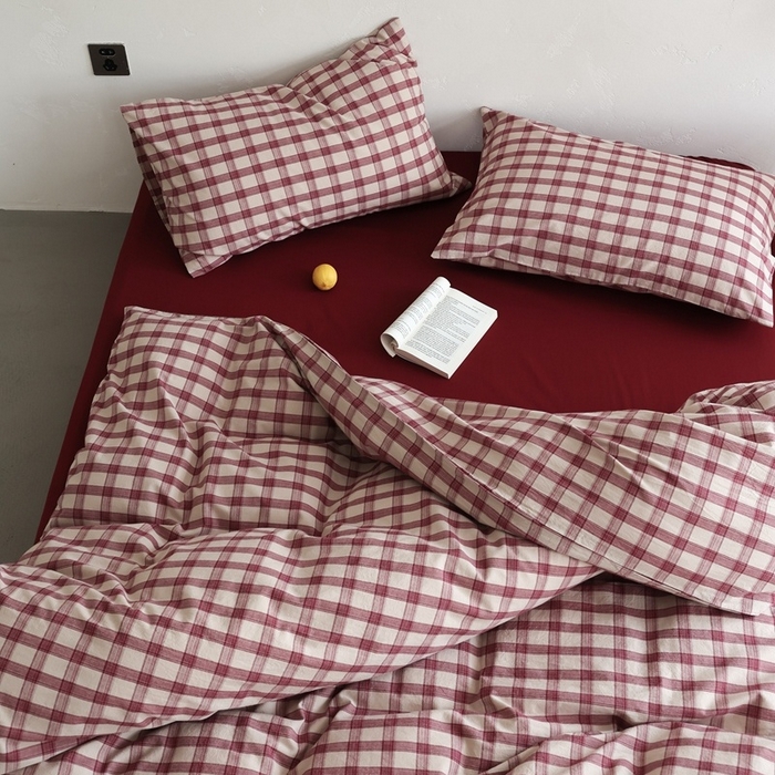 棉眠 2026新款全棉纯棉水洗棉色织格子四件套-奥斯汀系列 奥斯汀-红格酒红