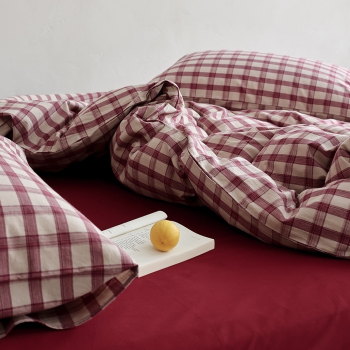 91家纺网 家纺一手货源 找家纺 棉眠 2026新款全棉纯棉水洗棉色织格子四件套-奥斯汀系列 奥斯汀-红格酒红