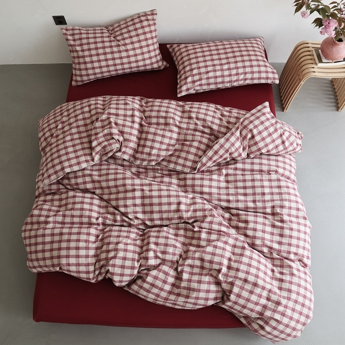 91家纺网 家纺一手货源 找家纺 棉眠 2026新款全棉纯棉水洗棉色织格子四件套-奥斯汀系列 奥斯汀-红格酒红