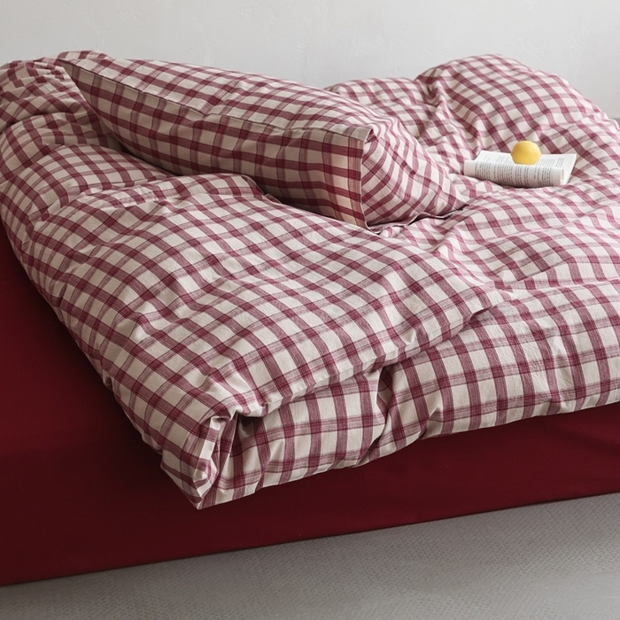 91家纺网 家纺一手货源 找家纺 棉眠 2026新款全棉纯棉水洗棉色织格子四件套-奥斯汀系列 奥斯汀-红格酒红