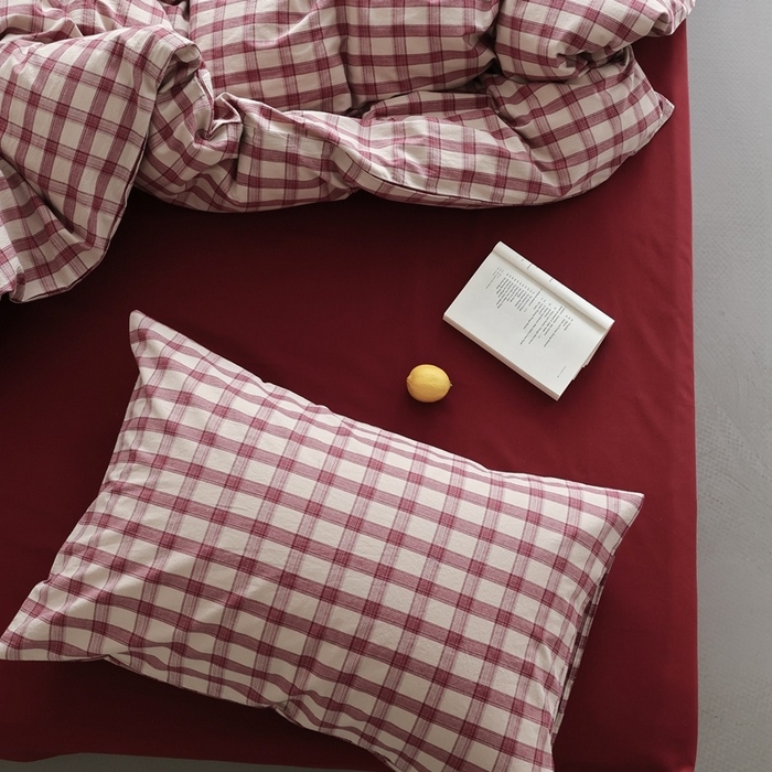 91家纺网 家纺一手货源 找家纺 棉眠 2026新款全棉纯棉水洗棉色织格子四件套-奥斯汀系列 奥斯汀-红格酒红
