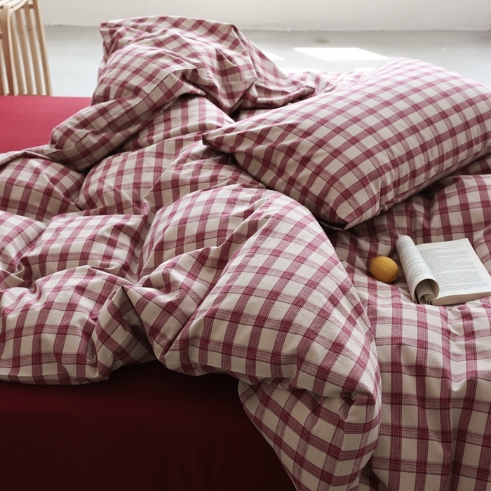 91家纺网 家纺一手货源 找家纺 棉眠 2026新款全棉纯棉水洗棉色织格子四件套-奥斯汀系列 奥斯汀-红格酒红