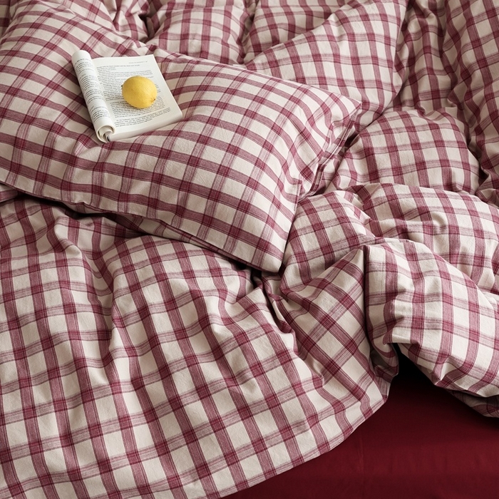 91家纺网 家纺一手货源 找家纺 棉眠 2026新款全棉纯棉水洗棉色织格子四件套-奥斯汀系列 奥斯汀-红格酒红