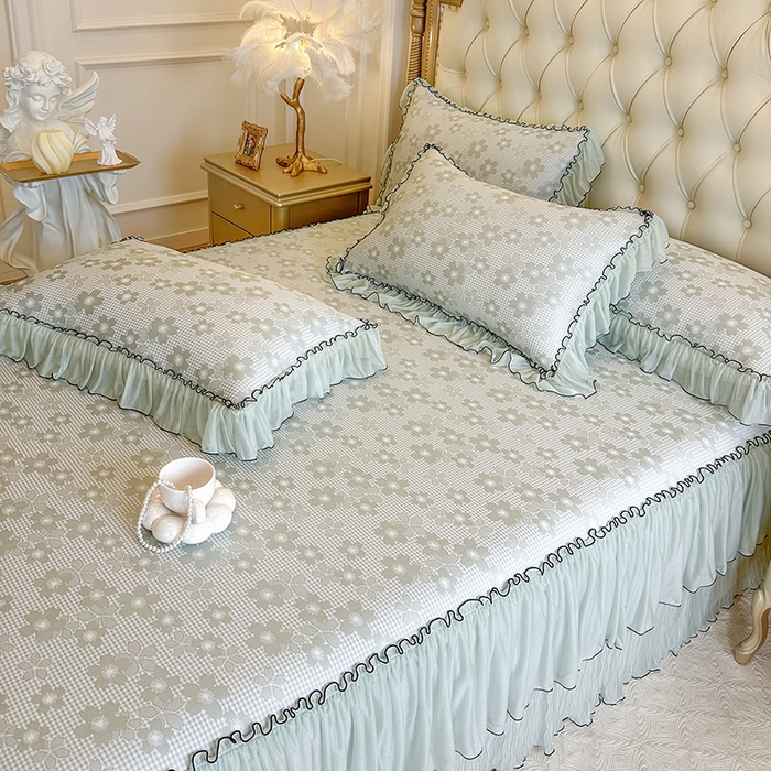 91家纺网 家纺一手货源 找家纺 网红馆（ck家纺） 2026新款冰丝夏被床裙款凉席三件套-恋夏花开 恋夏花开-绿