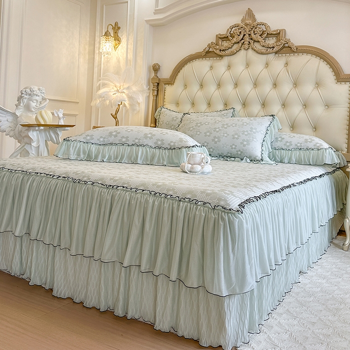 91家纺网 家纺一手货源 找家纺 网红馆（ck家纺） 2026新款冰丝夏被床裙款凉席三件套-恋夏花开 恋夏花开-绿