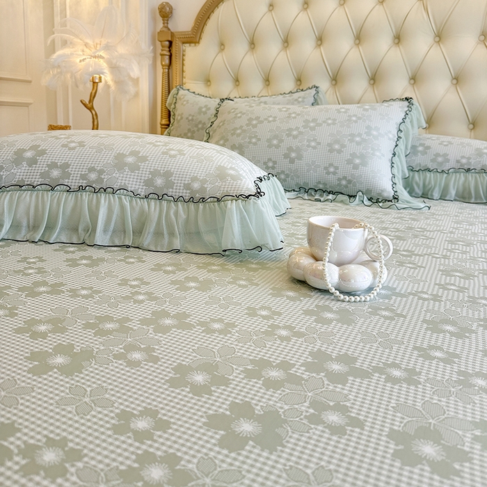 91家纺网 家纺一手货源 找家纺 网红馆（ck家纺） 2026新款冰丝夏被床裙款凉席三件套-恋夏花开 恋夏花开-绿