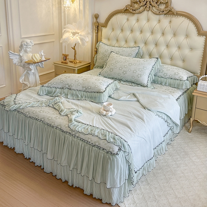 91家纺网 家纺一手货源 找家纺 网红馆（ck家纺） 2026新款冰丝夏被床裙款凉席三件套-恋夏花开 恋夏花开-绿