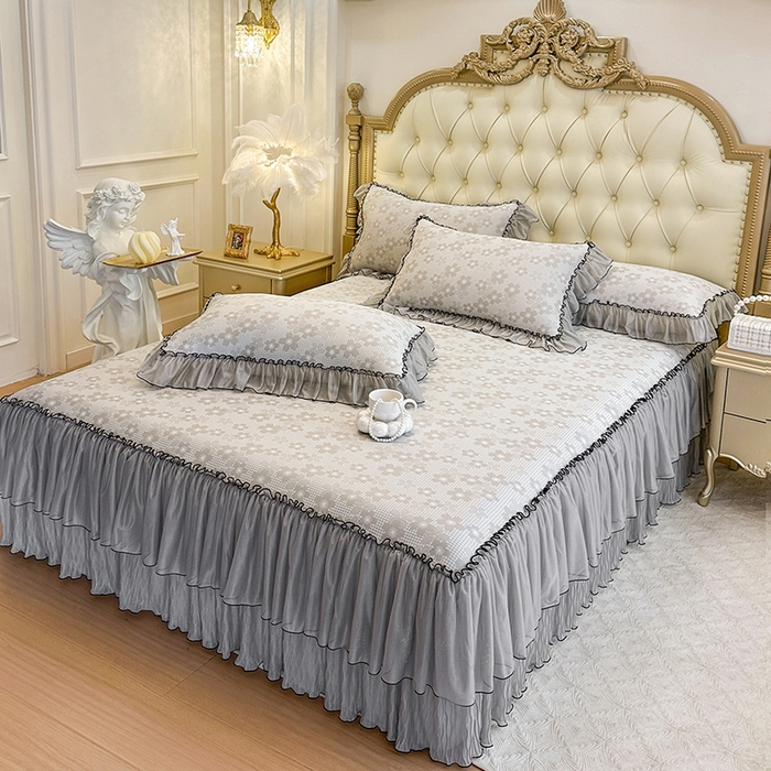 91家纺网 家纺一手货源 找家纺 网红馆（ck家纺） 2026新款冰丝夏被床裙款凉席三件套-恋夏花开 恋夏花开-灰