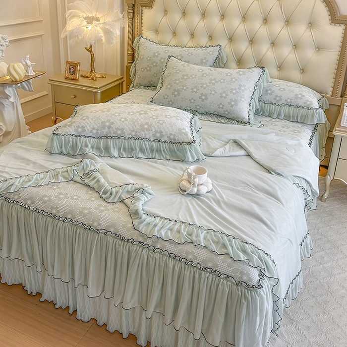 网红馆（ck家纺） 2026新款冰丝夏被床裙款凉席三件套-恋夏花开 恋夏花开-绿