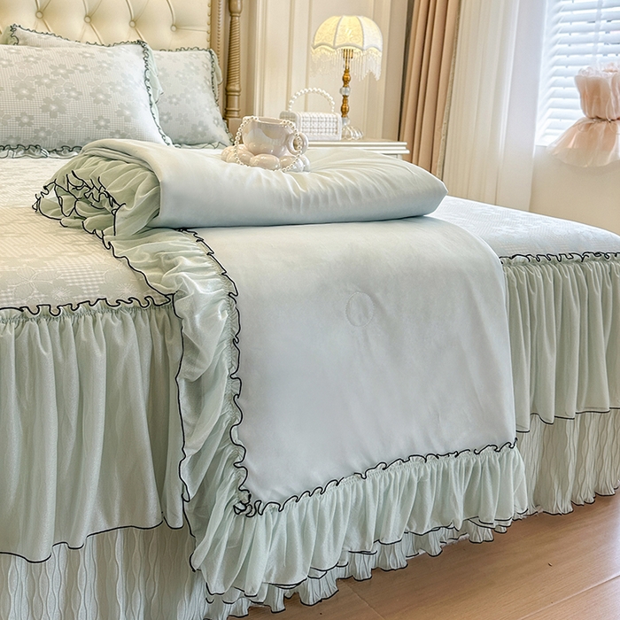 91家纺网 家纺一手货源 找家纺 网红馆（ck家纺） 2026新款冰丝夏被床裙款凉席三件套-恋夏花开 恋夏花开-绿