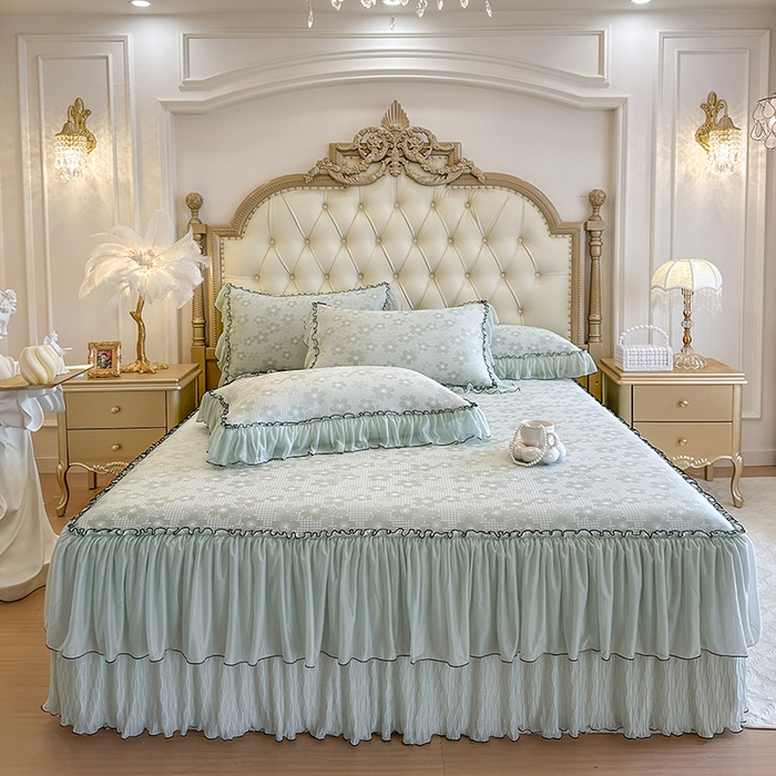 91家纺网 家纺一手货源 找家纺 网红馆（ck家纺） 2026新款冰丝夏被床裙款凉席三件套-恋夏花开 恋夏花开-绿