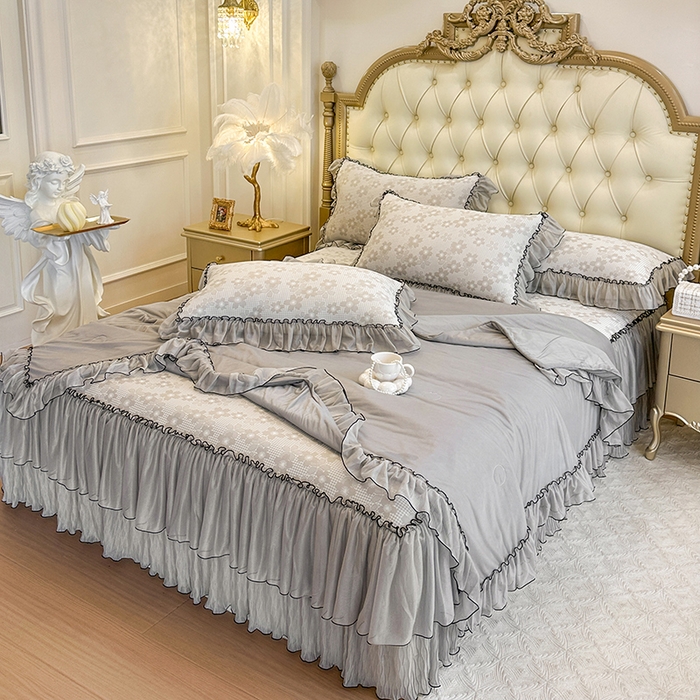 91家纺网 家纺一手货源 找家纺 网红馆（ck家纺） 2026新款冰丝夏被床裙款凉席三件套-恋夏花开 恋夏花开-灰