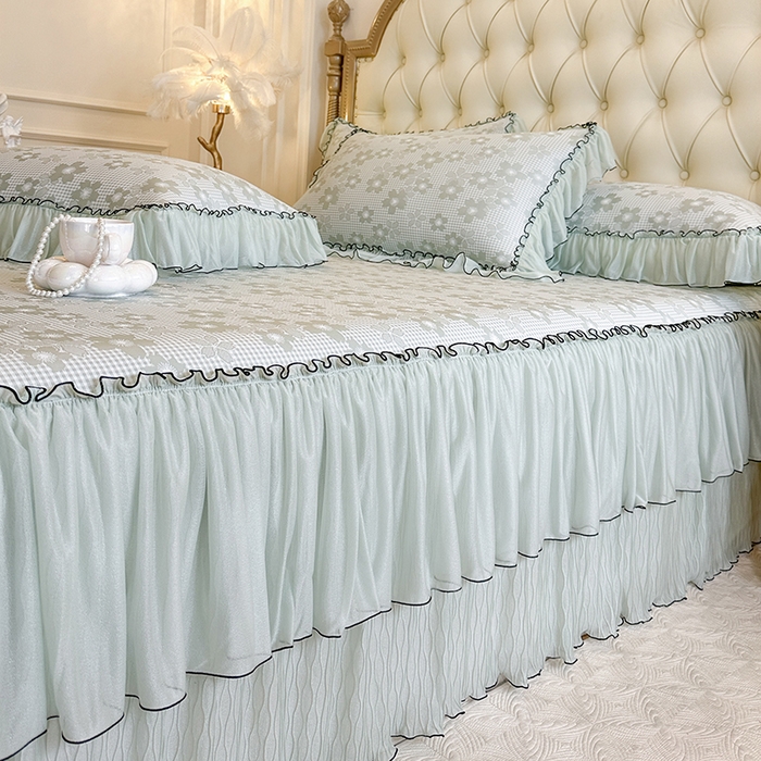 91家纺网 家纺一手货源 找家纺 网红馆（ck家纺） 2026新款冰丝夏被床裙款凉席三件套-恋夏花开 恋夏花开-绿