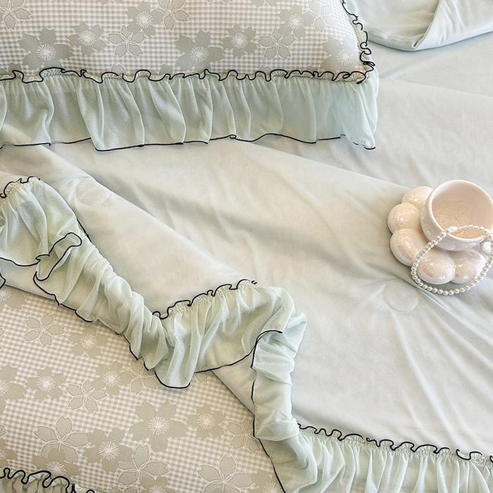 91家纺网 家纺一手货源 找家纺 网红馆（ck家纺） 2026新款冰丝夏被床裙款凉席三件套-恋夏花开 恋夏花开-绿