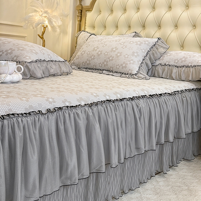 91家纺网 家纺一手货源 找家纺 网红馆（ck家纺） 2026新款冰丝夏被床裙款凉席三件套-恋夏花开 恋夏花开-灰