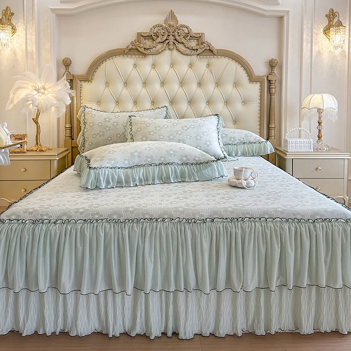 91家纺网 家纺一手货源 找家纺 网红馆（ck家纺） 2026新款冰丝夏被床裙款凉席三件套-恋夏花开 恋夏花开-绿