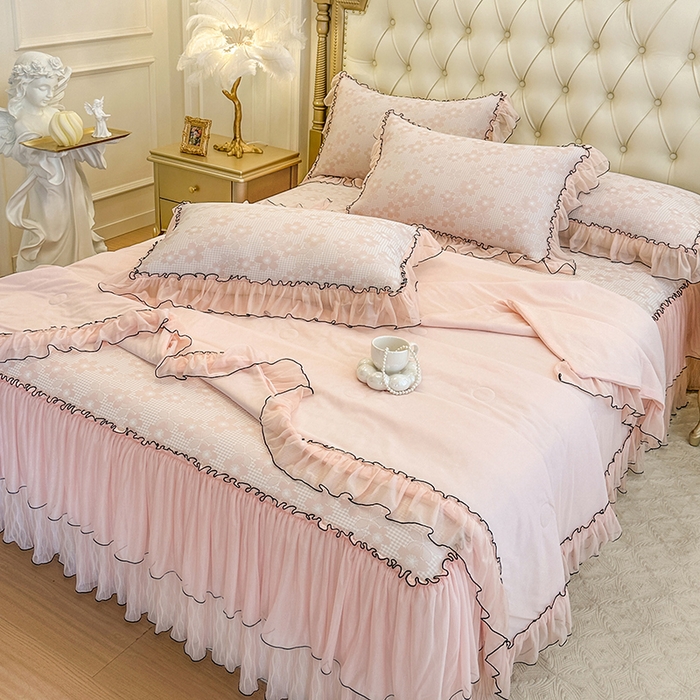 网红馆（ck家纺） 2026新款冰丝夏被床裙款凉席三件套-恋夏花开 恋夏花开-粉