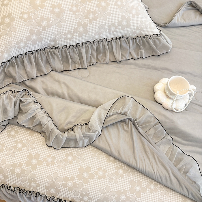 91家纺网 家纺一手货源 找家纺 网红馆（ck家纺） 2026新款冰丝夏被床裙款凉席三件套-恋夏花开 恋夏花开-灰