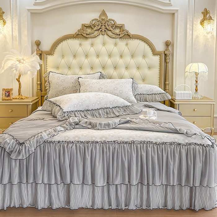 91家纺网 家纺一手货源 找家纺 网红馆（ck家纺） 2026新款冰丝夏被床裙款凉席三件套-恋夏花开 恋夏花开-灰