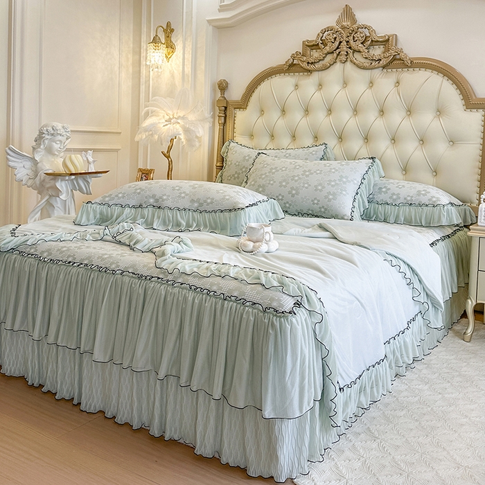 91家纺网 家纺一手货源 找家纺 网红馆（ck家纺） 2026新款冰丝夏被床裙款凉席三件套-恋夏花开 恋夏花开-绿