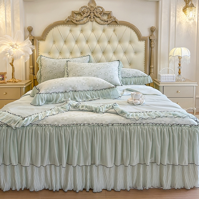 91家纺网 家纺一手货源 找家纺 网红馆（ck家纺） 2026新款冰丝夏被床裙款凉席三件套-恋夏花开 恋夏花开-绿