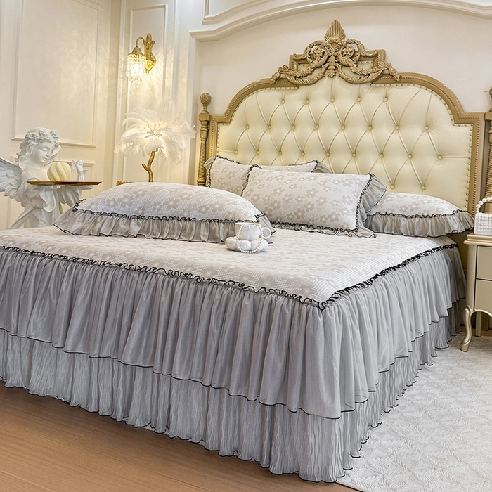 91家纺网 家纺一手货源 找家纺 网红馆（ck家纺） 2026新款冰丝夏被床裙款凉席三件套-恋夏花开 恋夏花开-灰