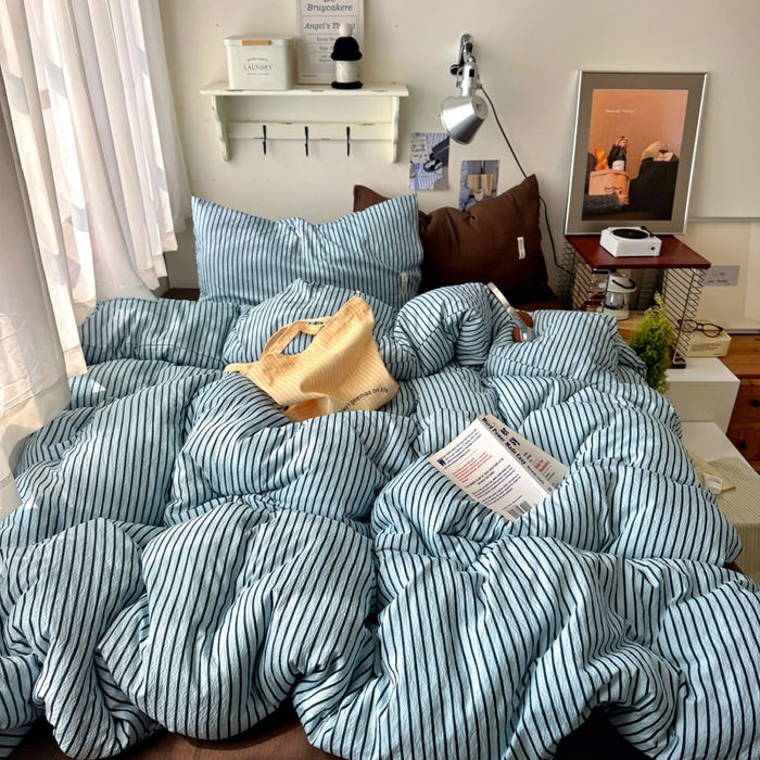 91家纺网 家纺一手货源 找家纺 （总）阿曼达 2026春夏新款简约美式条纹混搭四件套