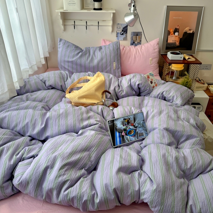 91家纺网 家纺一手货源 找家纺 （总）阿曼达 2026春夏新款简约美式条纹混搭四件套