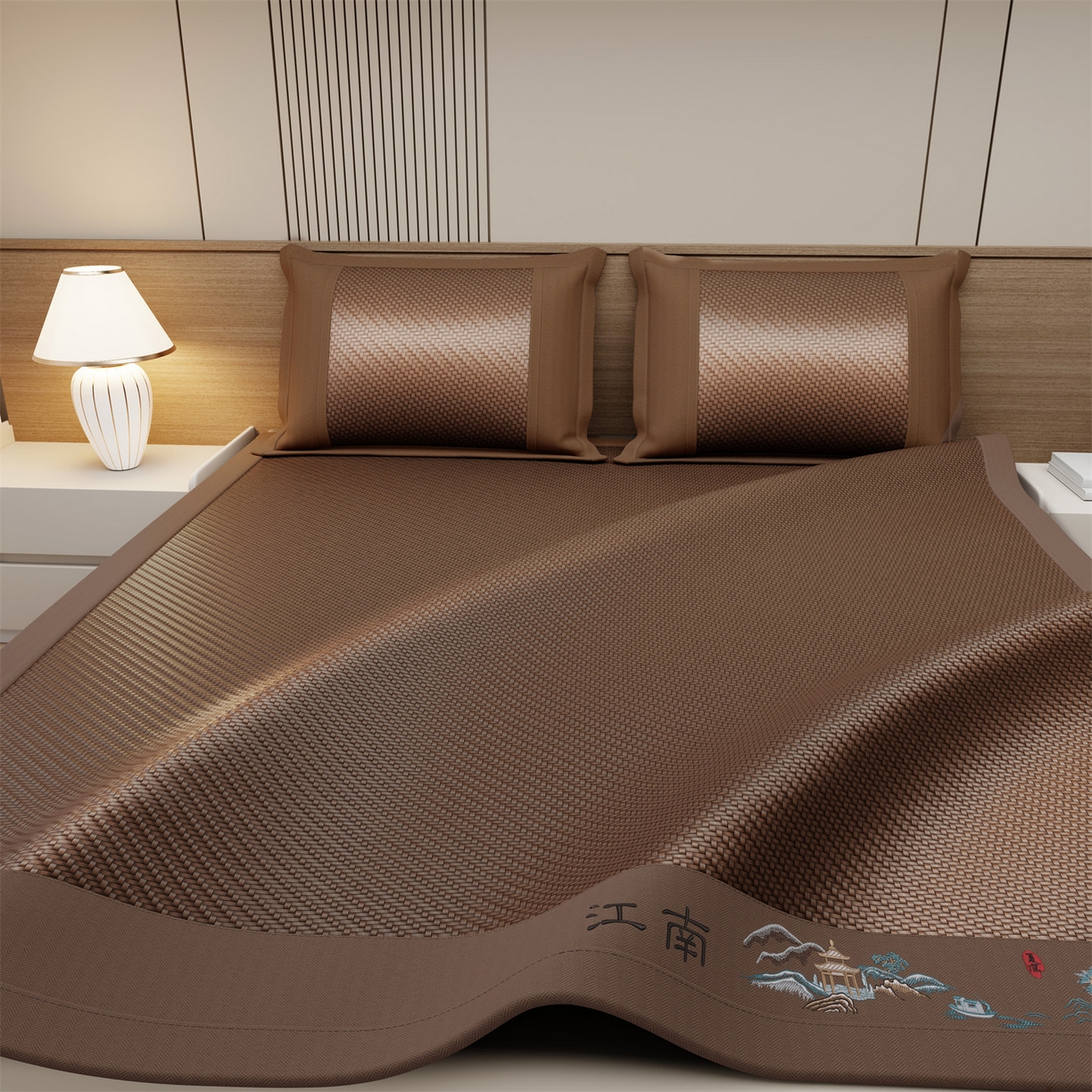 91家纺网 家纺一手货源 找家纺 卡初家居（原微来） 2026春夏新款PE凉感席凉席席子系列-江南 江南-巧克力色