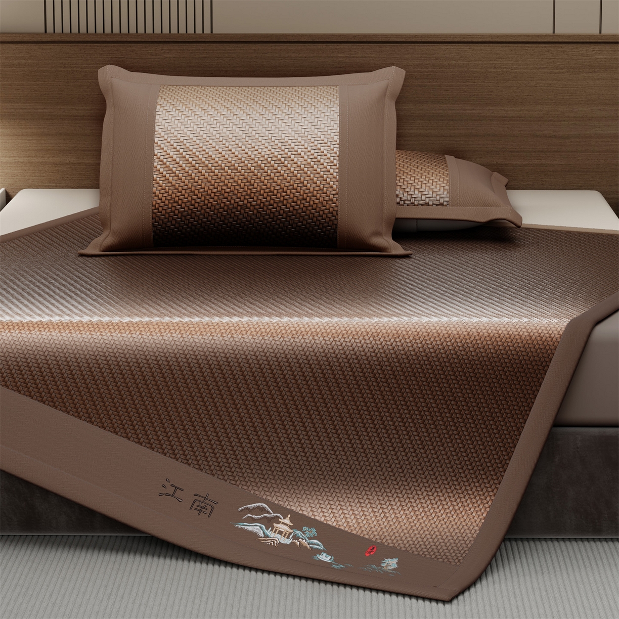 91家纺网 家纺一手货源 找家纺 卡初家居（原微来） 2026春夏新款PE凉感席凉席席子系列-江南 江南-巧克力色