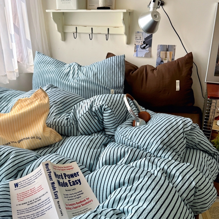 91家纺网 家纺一手货源 找家纺 阿曼达 2026春夏新款简约美式条纹混搭四件套 美式休闲-海盐棕