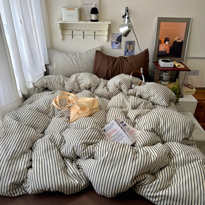 阿曼达 2026春夏新款简约美式条纹混搭四件套 美式休闲-米黄棕